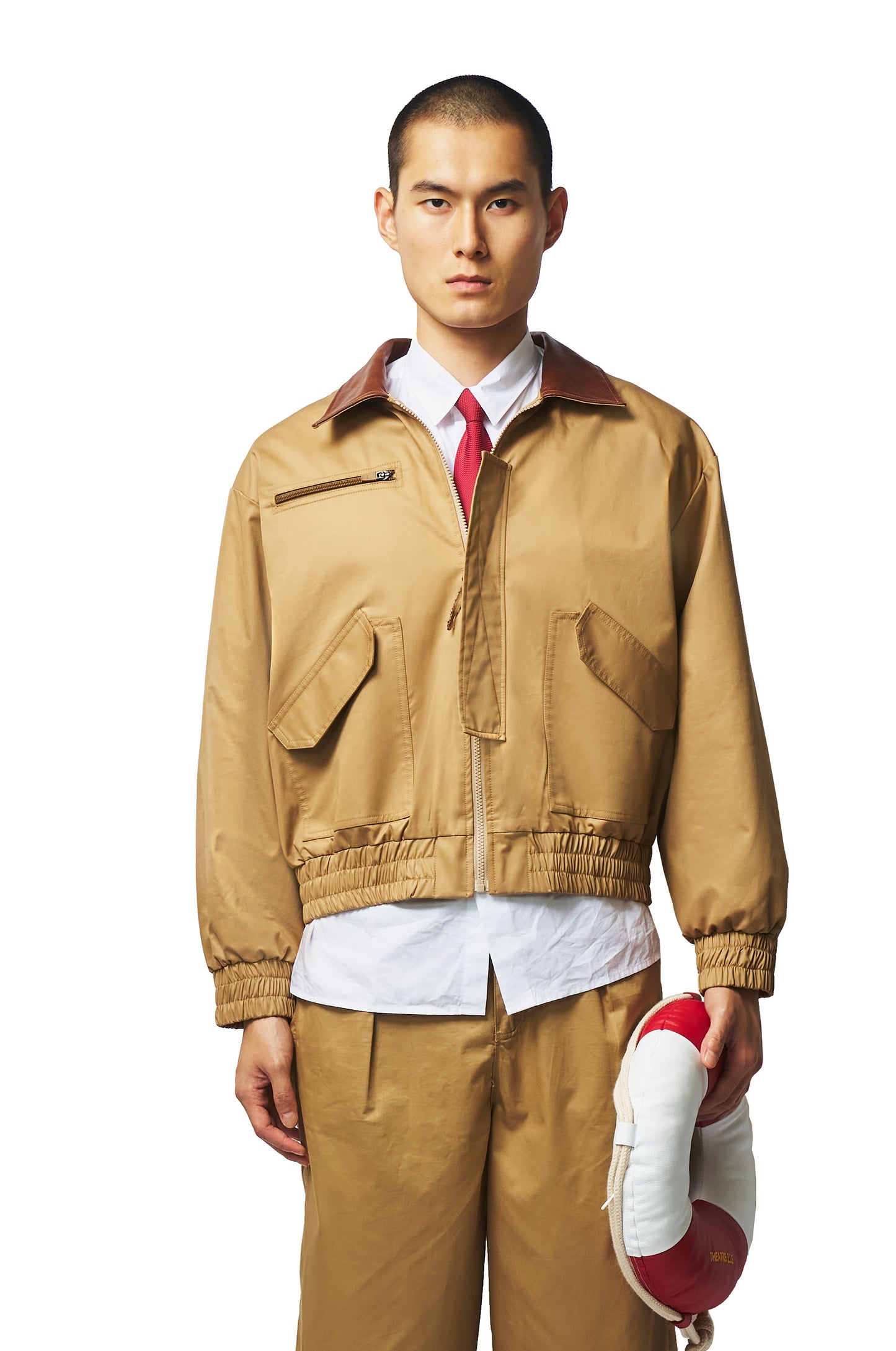 Beige Worker Jacket with calf leather collar