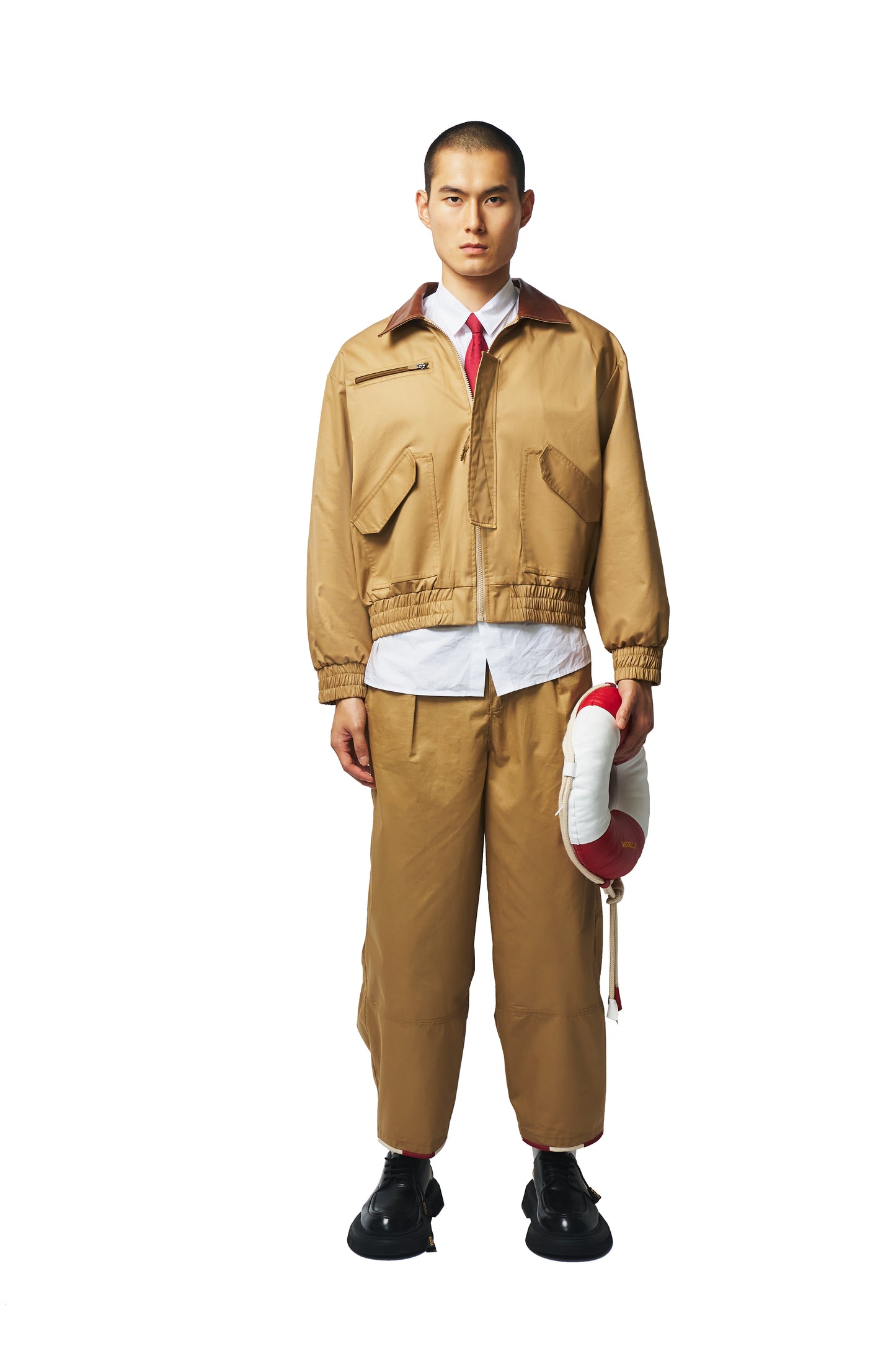 Beige Worker Jacket with calf leather collar