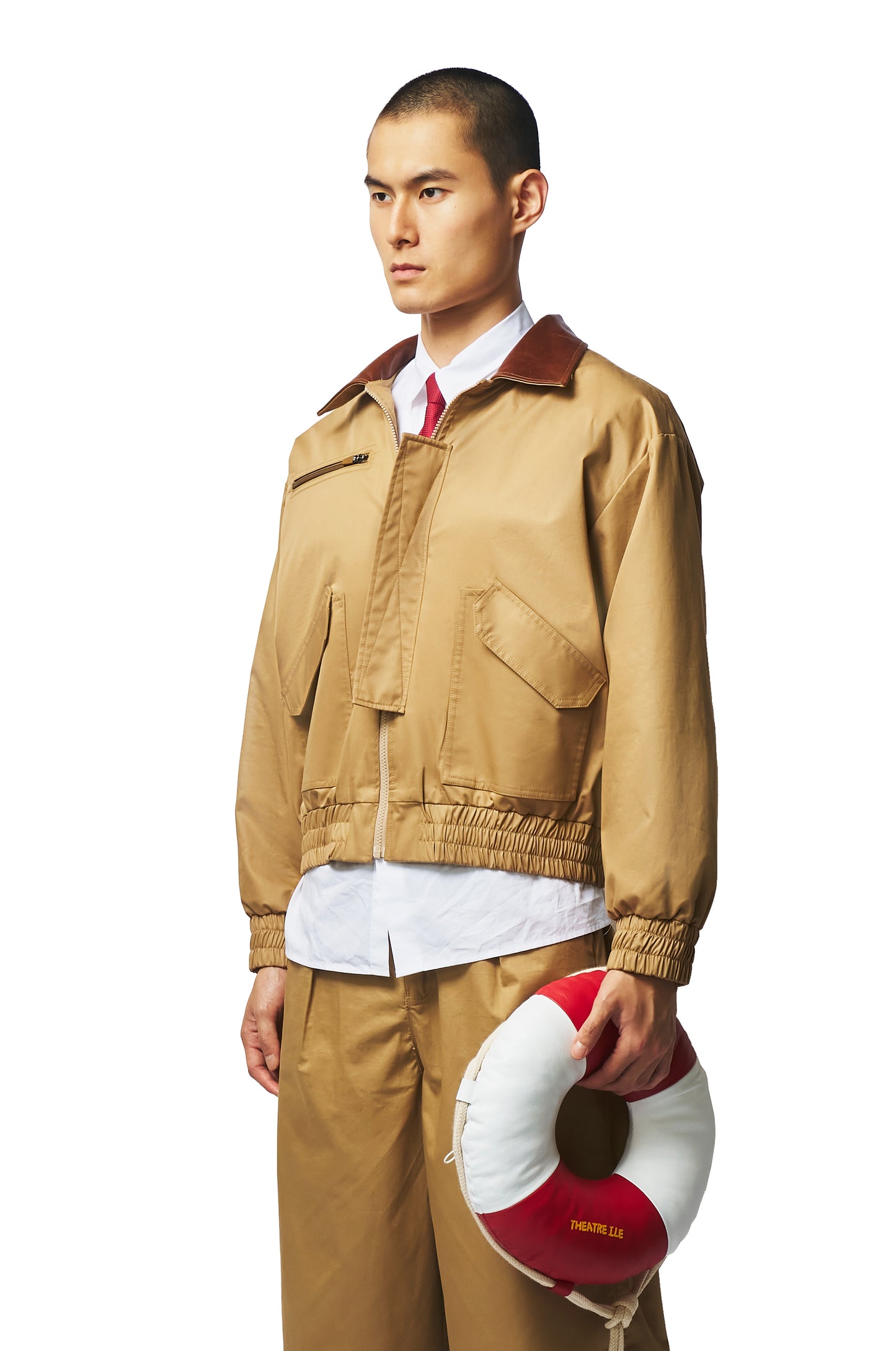 Beige Worker Jacket with calf leather collar