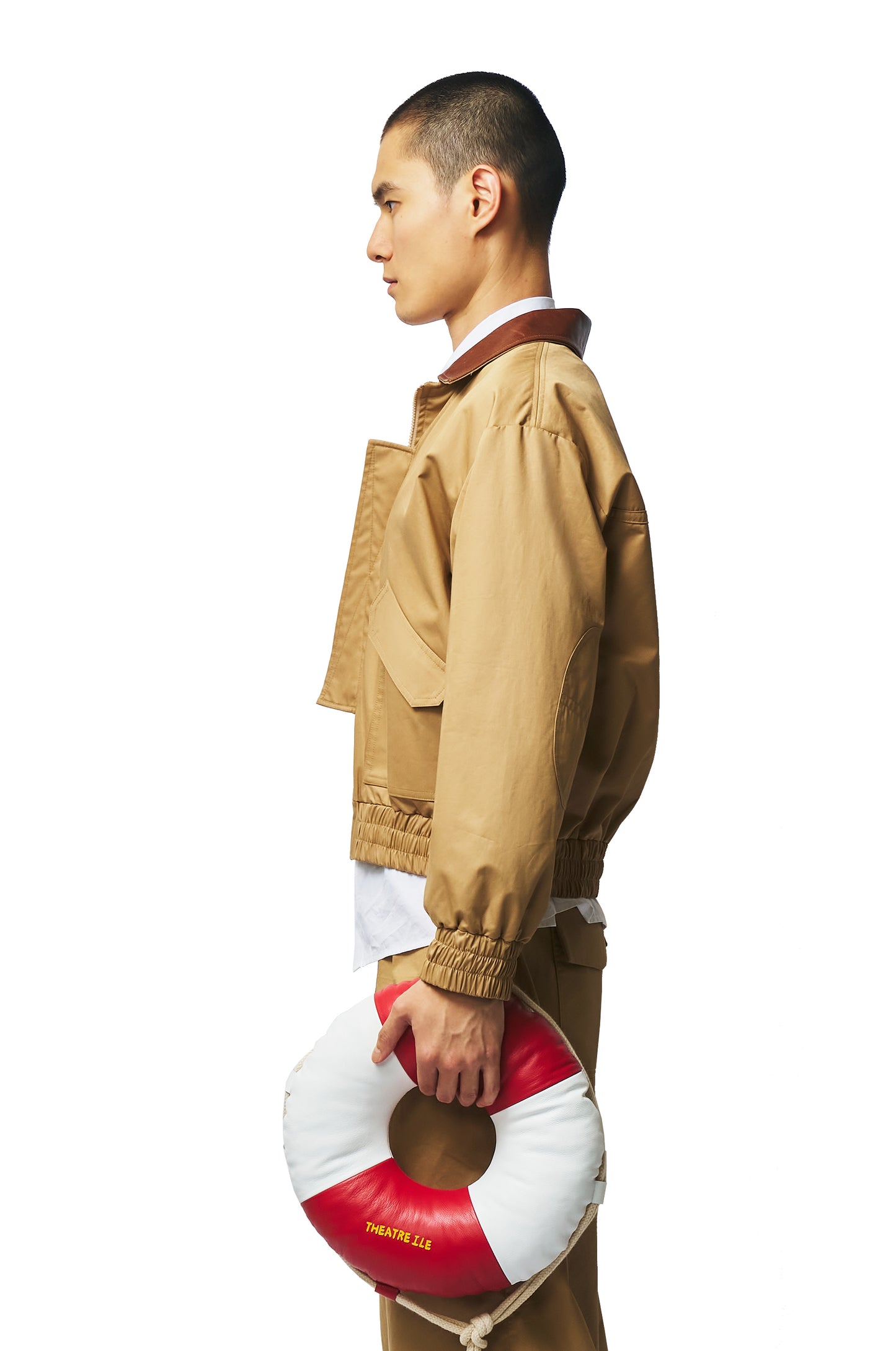 Beige Worker Jacket with calf leather collar