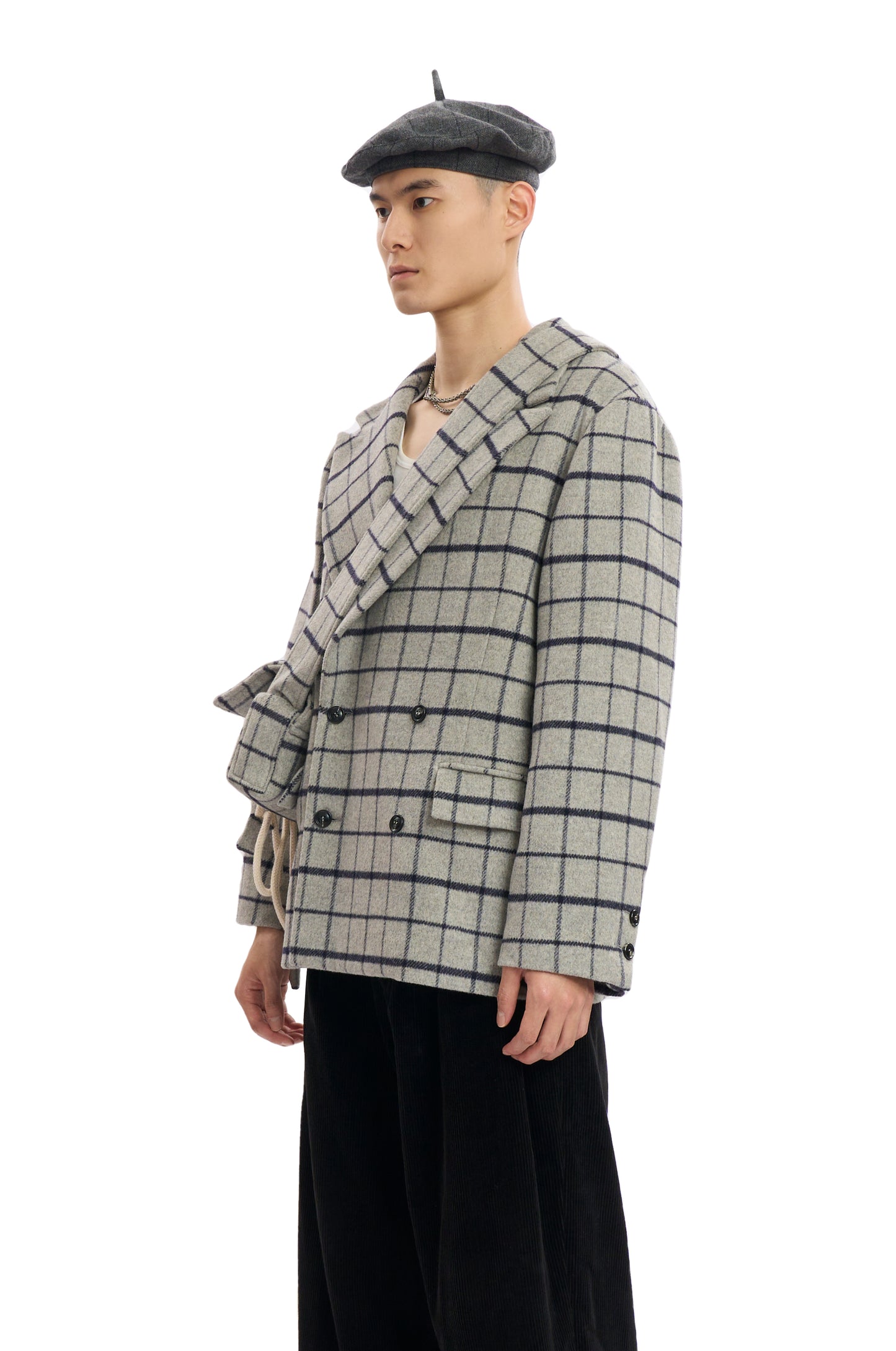 Grey Plaid Coat With Bag