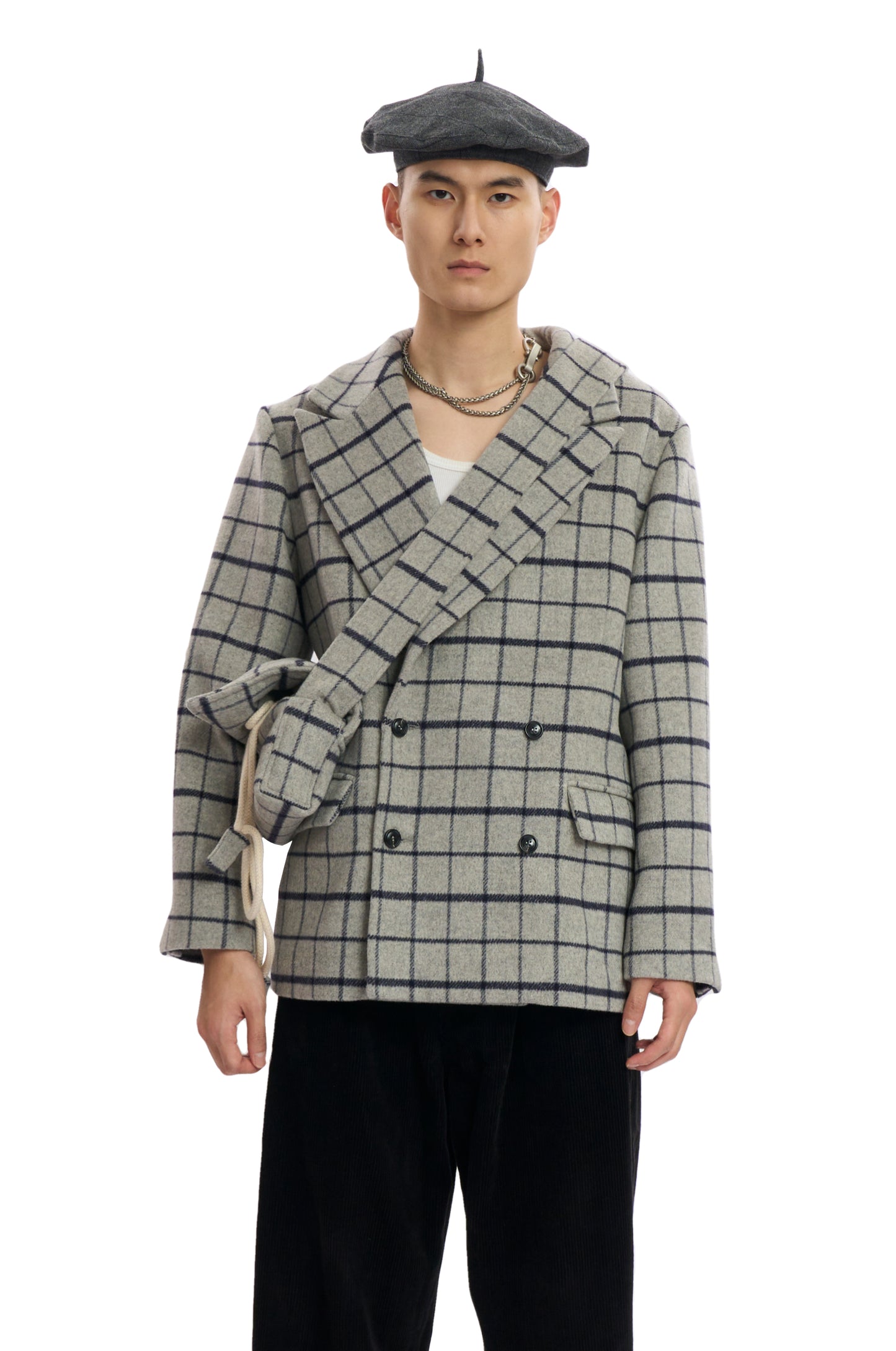 Grey Plaid Coat With Bag