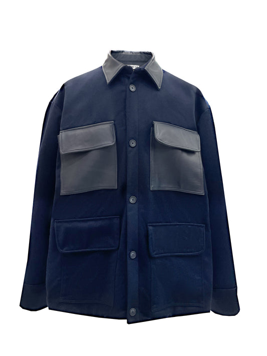 Oversized Navy Wool Coat with Leather Patch Pockets