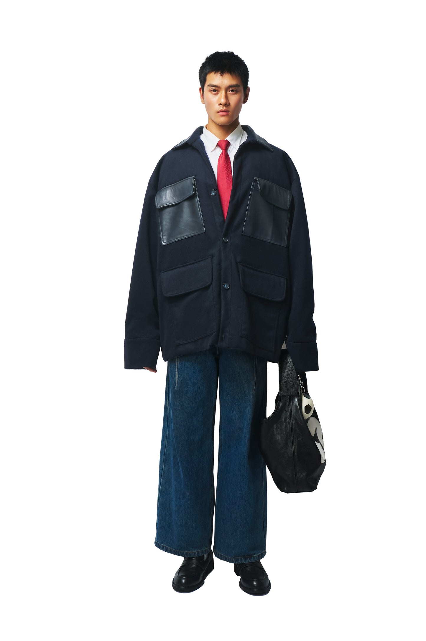 Oversized Navy Wool Coat with Leather Patch Pockets