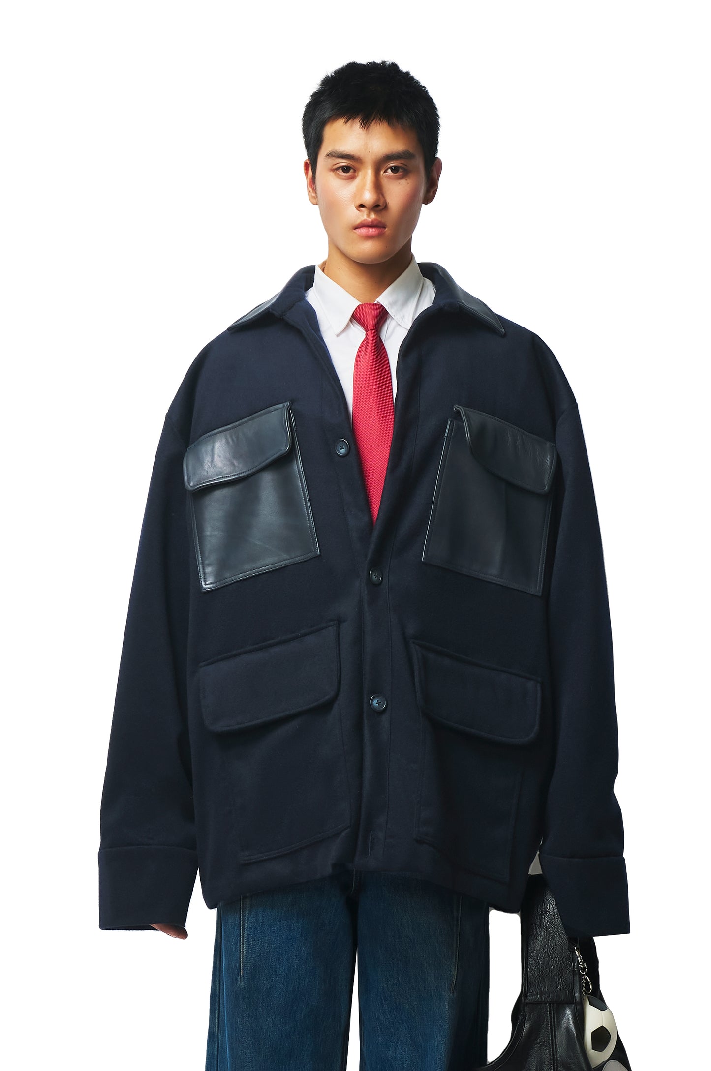 Oversized Navy Wool Coat with Leather Patch Pockets