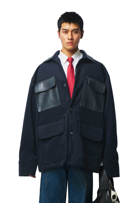 Oversized Navy Wool Coat with Leather Patch Pockets