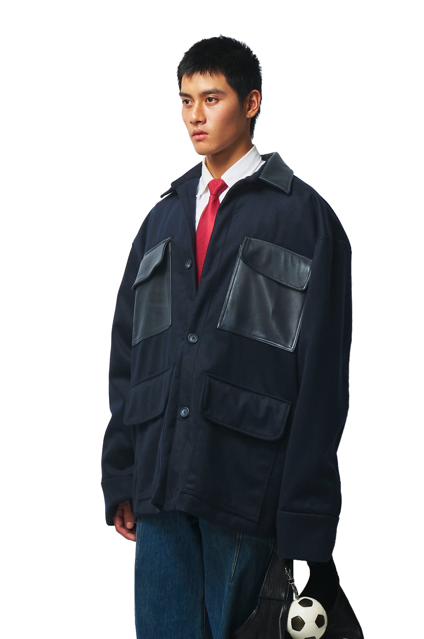 Oversized Navy Wool Coat with Leather Patch Pockets