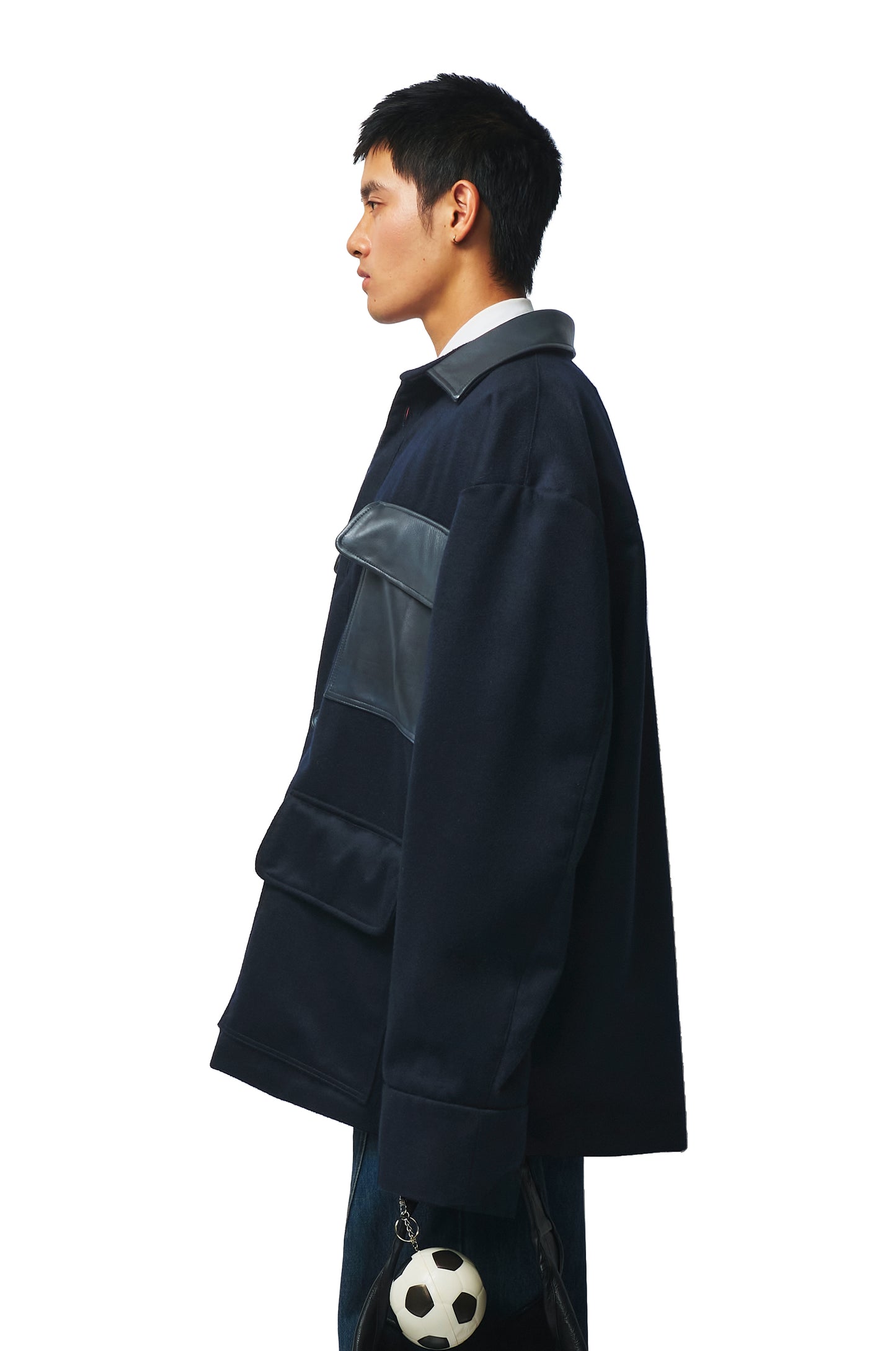 Oversized Navy Wool Coat with Leather Patch Pockets