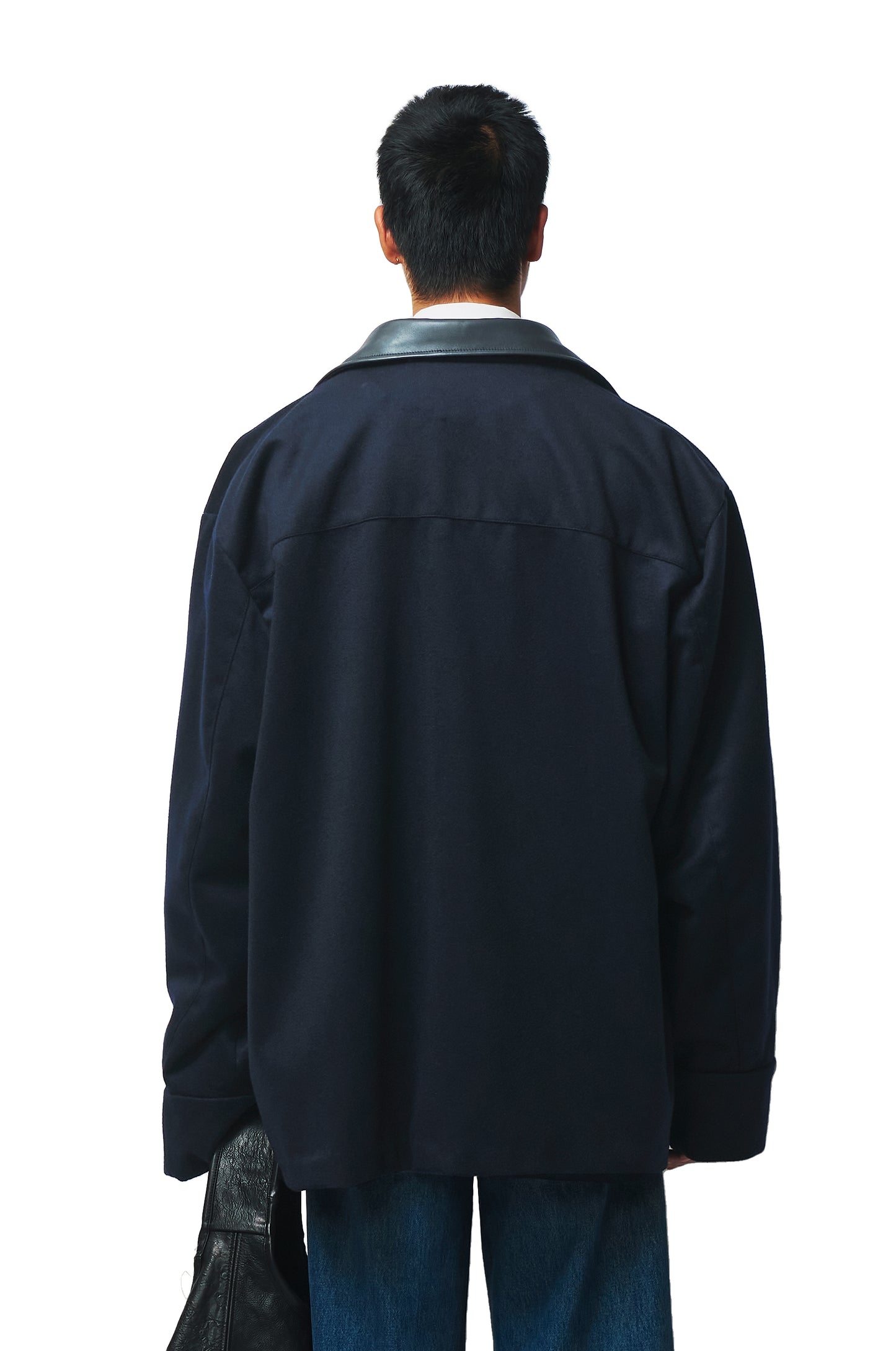 Oversized Navy Wool Coat with Leather Patch Pockets