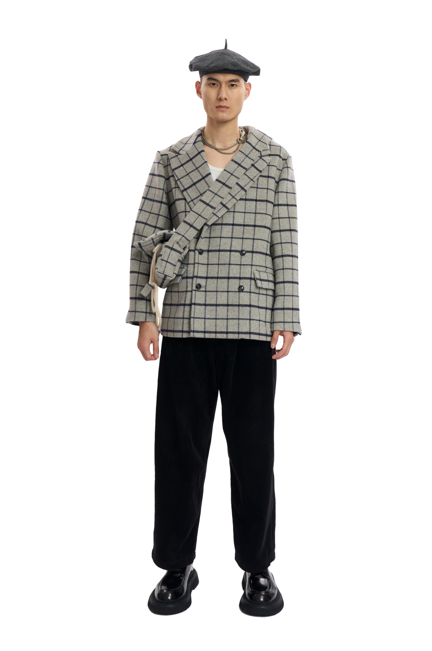 Grey Plaid Coat With Bag